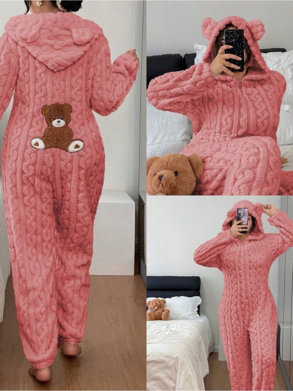 SHEIN Pink Plush Bear Hooded Onesie Pajama